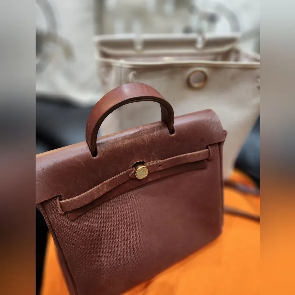 Hermes Herbag Backpack 2 Bags In 1 Brown Canvas And Leather Backpack/Handbag
